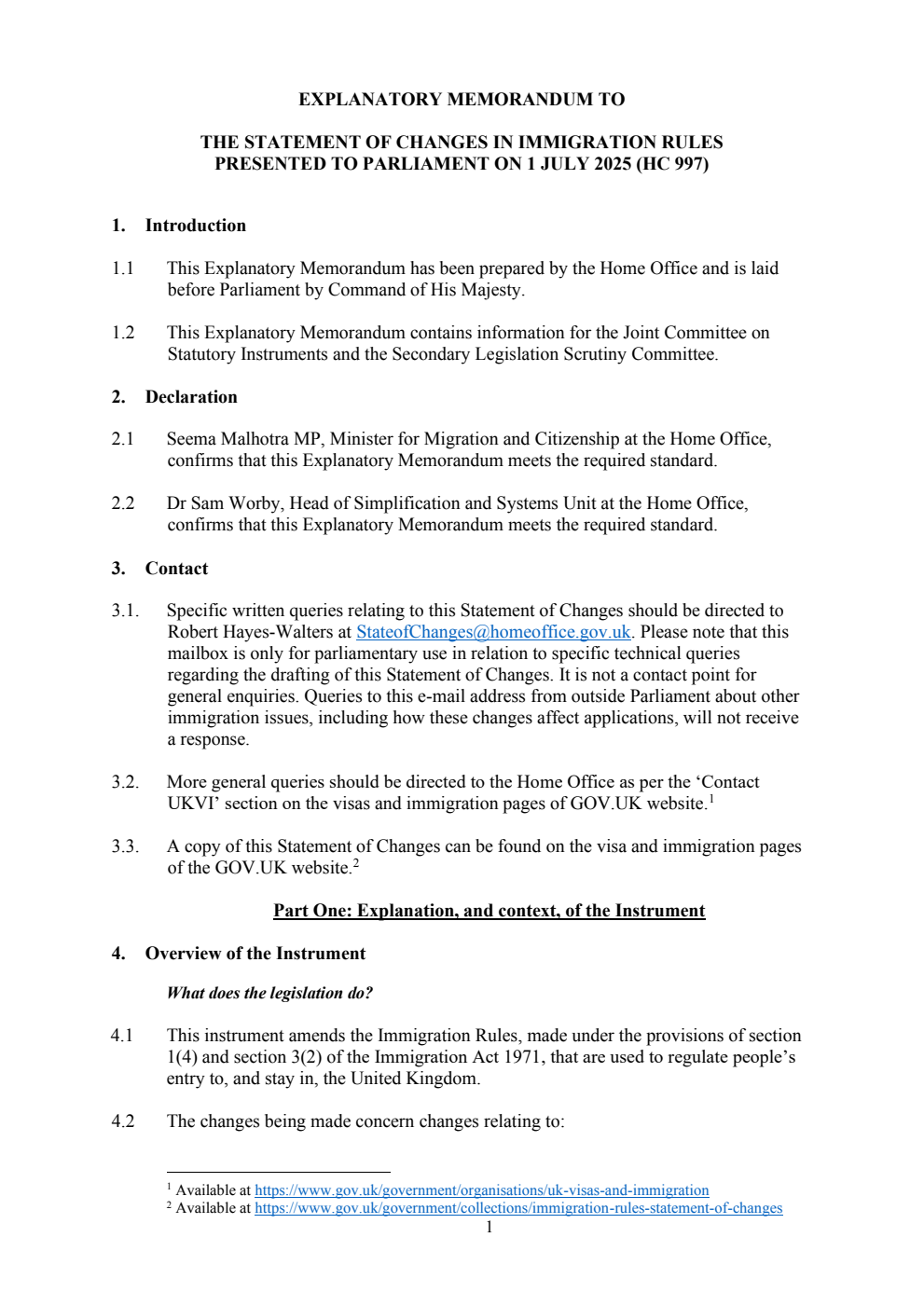 Explanatory Memorandum to the Statement of Changes in Immigration Rules