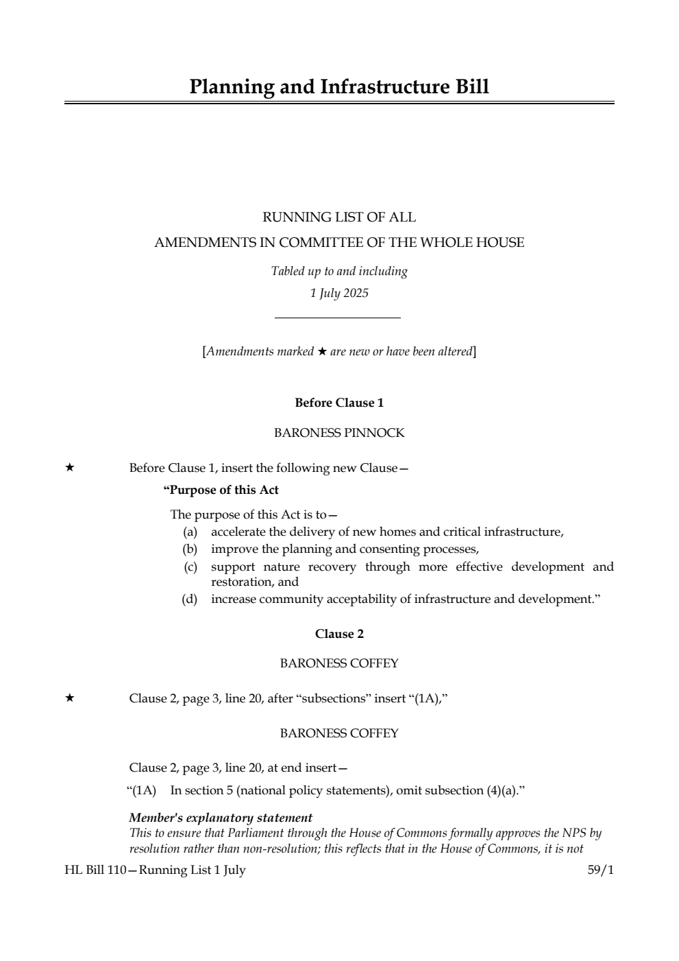 Planning and Infrastructure Bill Running List of all amendments in Committee of the Whole House tabled up to and including 1 July 2025