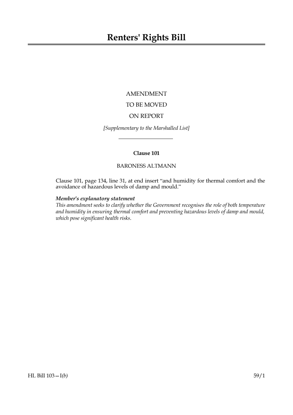 Renters' Rights Bill Amendment to be moved on report [Supplementary to the Marshalled List]