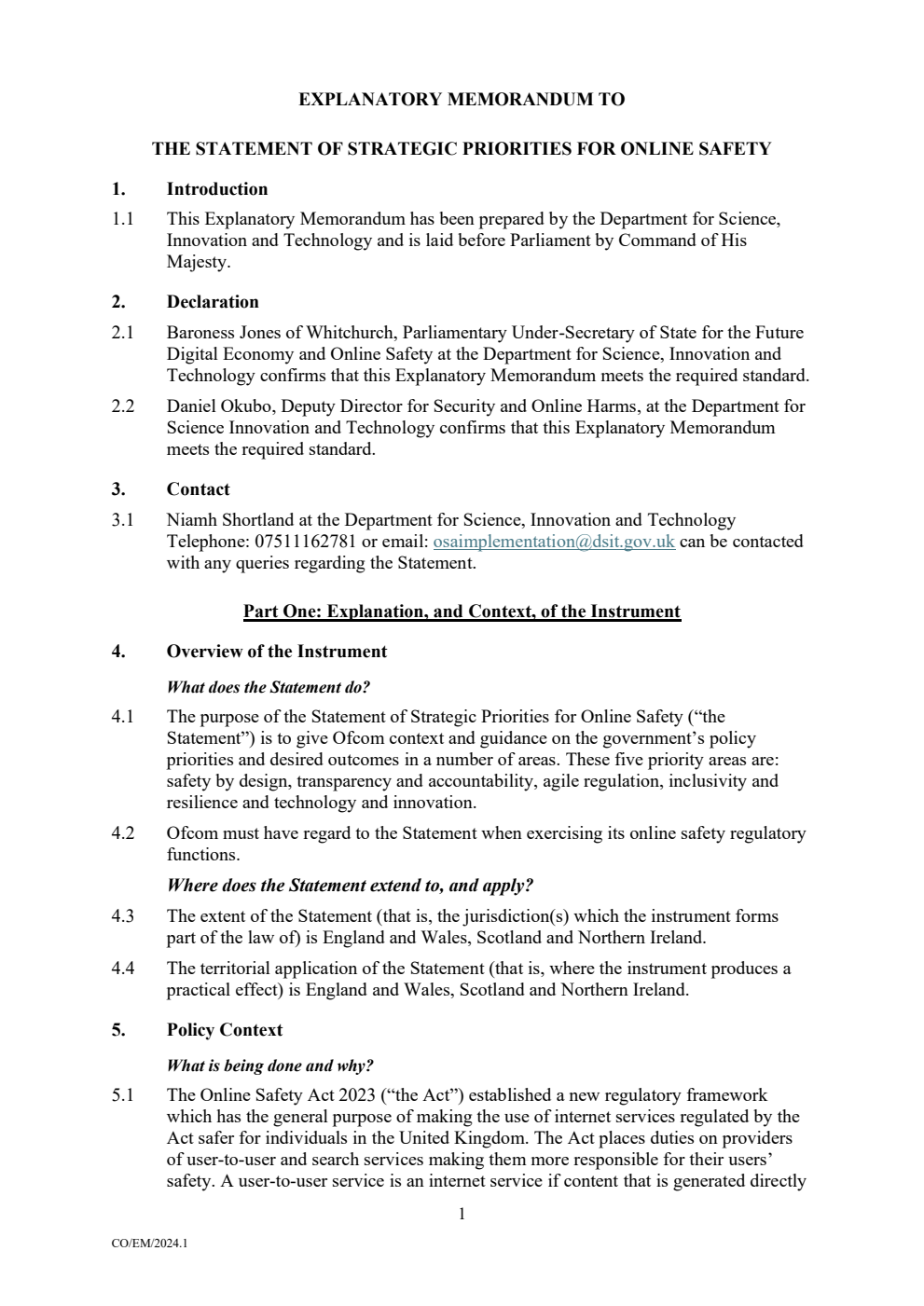 Explanatory Memorandum to the Statement of Strategic Priorities for Online Safety