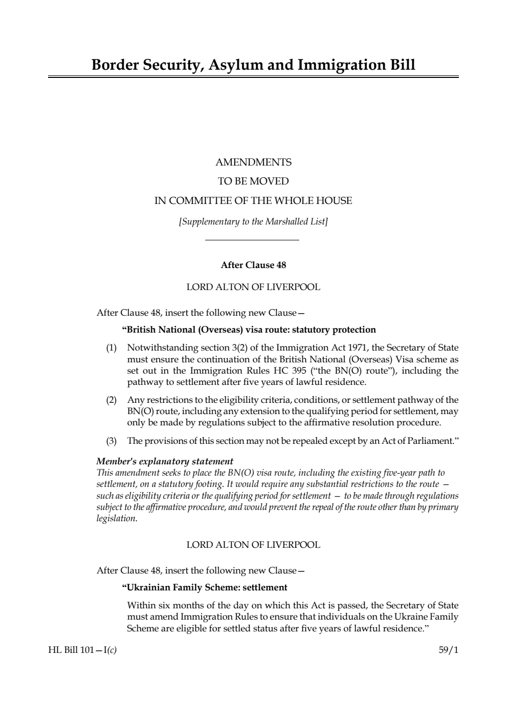 Border Security, Asylum and Immigration Bill Amendments to be moved in Committee of the Whole House [Supplementary to the Marshalled List] 