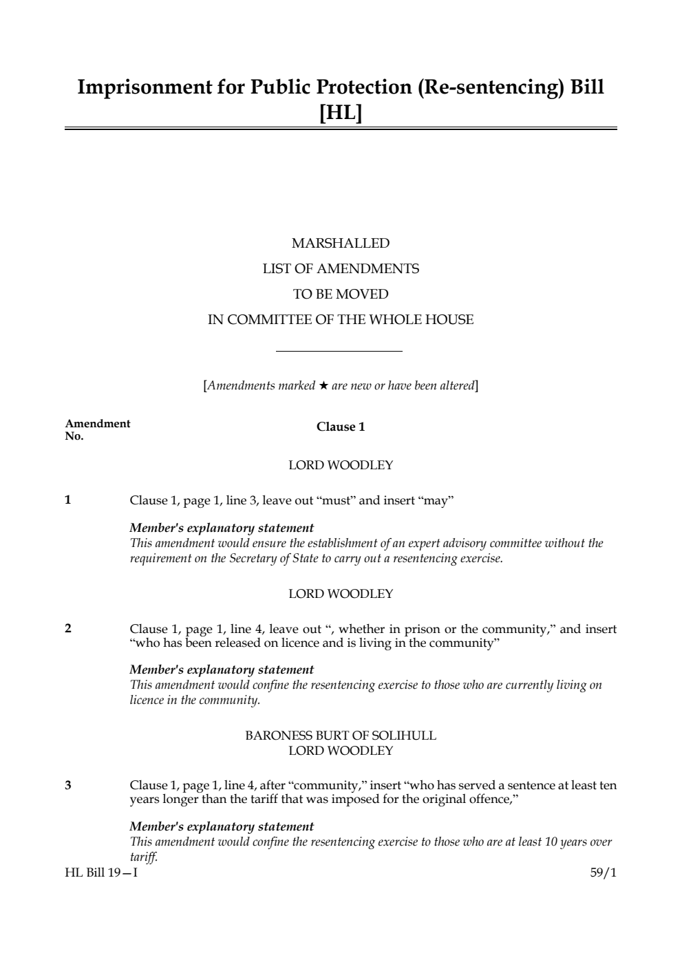 Imprisonment for Public Protection (Re-sentencing) Bill Marshalled List of amendments to be moved in Committee of the Whole House