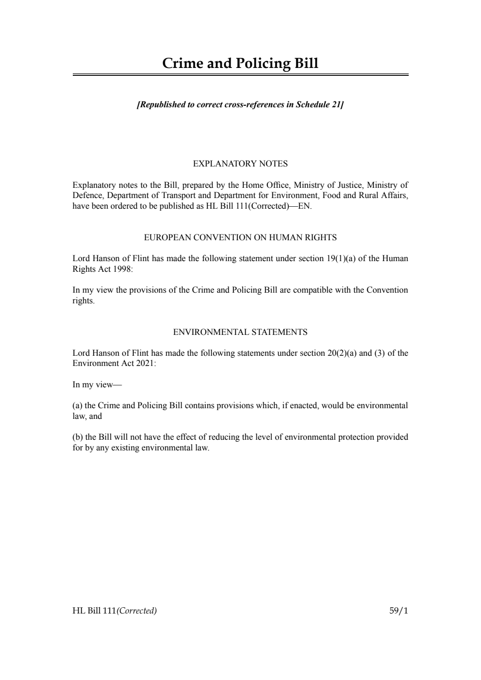 Crime and Policing Bill [Republished to correct cross-references in Schedule 21]