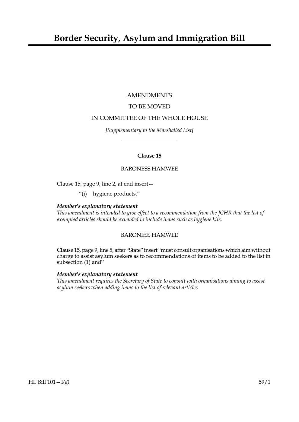 Border Security, Asylum and Immigration Bill Amendments to be moved in Committee of the Whole House [Supplementary to the Marshalled List] 