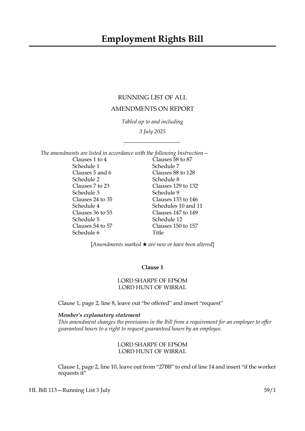 Employment Rights Bill Running List of all amendments on report tabled up to and including 3 July 2025