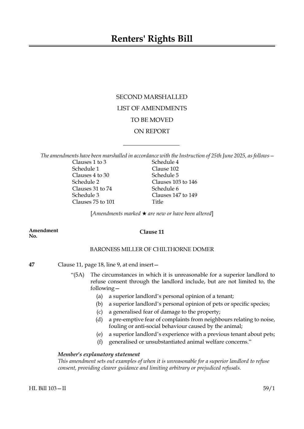 Renters' Rights Bill Second Marshalled List of amendments to be moved on report