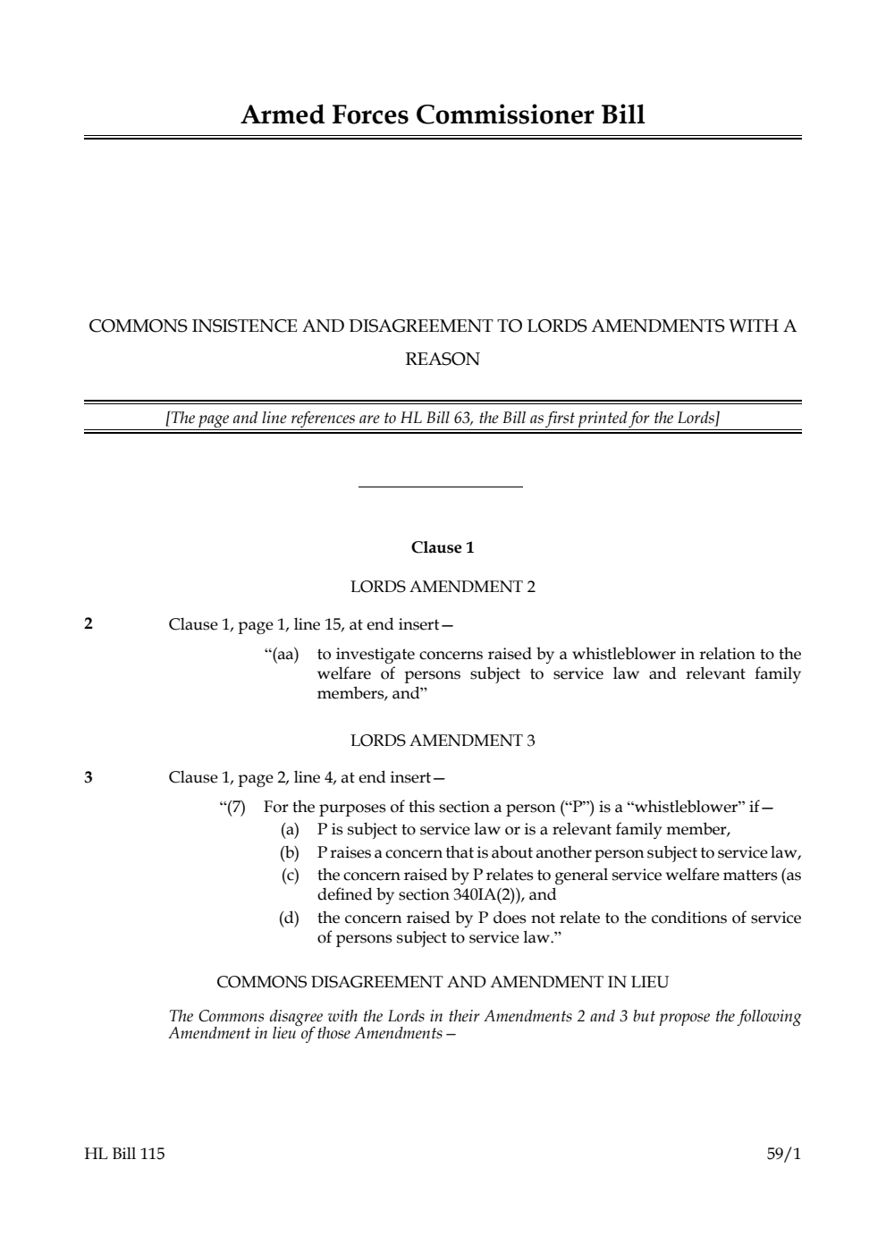 Armed Forces Commissioner Bill Commons insistence and disagreement to Lords amendments with a reason