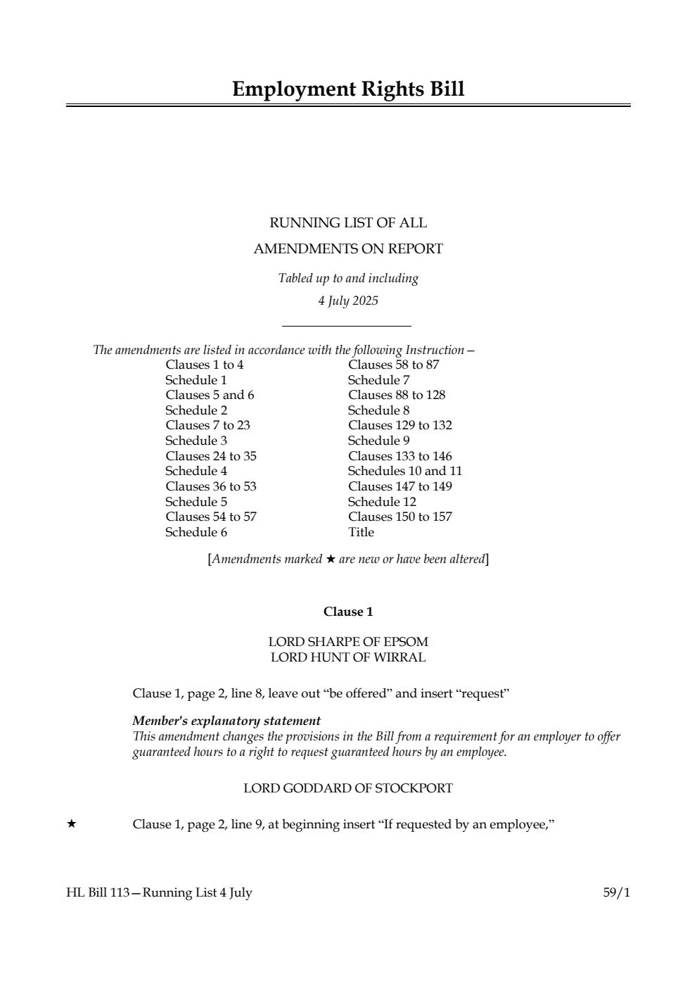 Employment Rights Bill Running List of all amendments on report tabled up to and including 4 July 2025