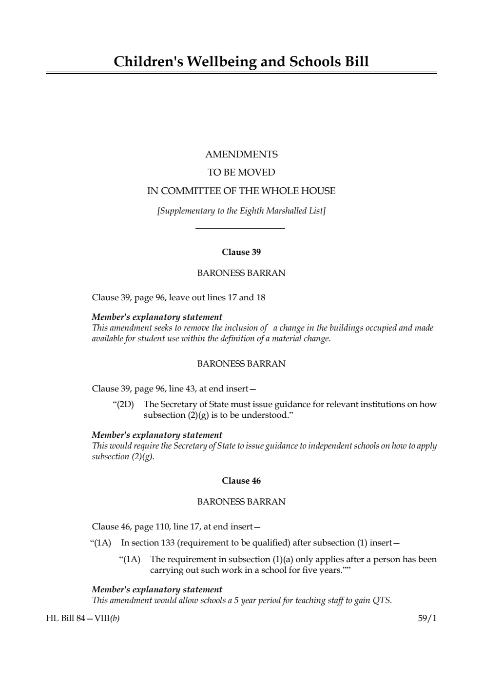 Children's Wellbeing and Schools Bill Amendments to be moved in Committee of the Whole House [Supplementary to the Eighth Marshalled List]