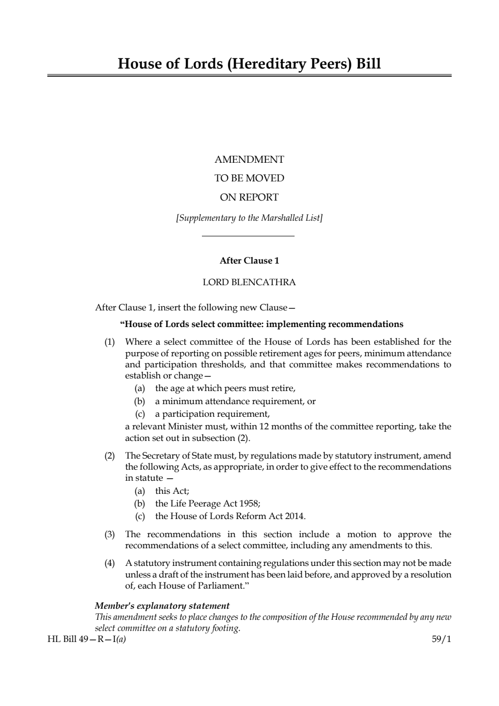 House of Lords (Hereditary Peers) Bill Amendment to be moved on report [Supplementary to the Marshalled List]