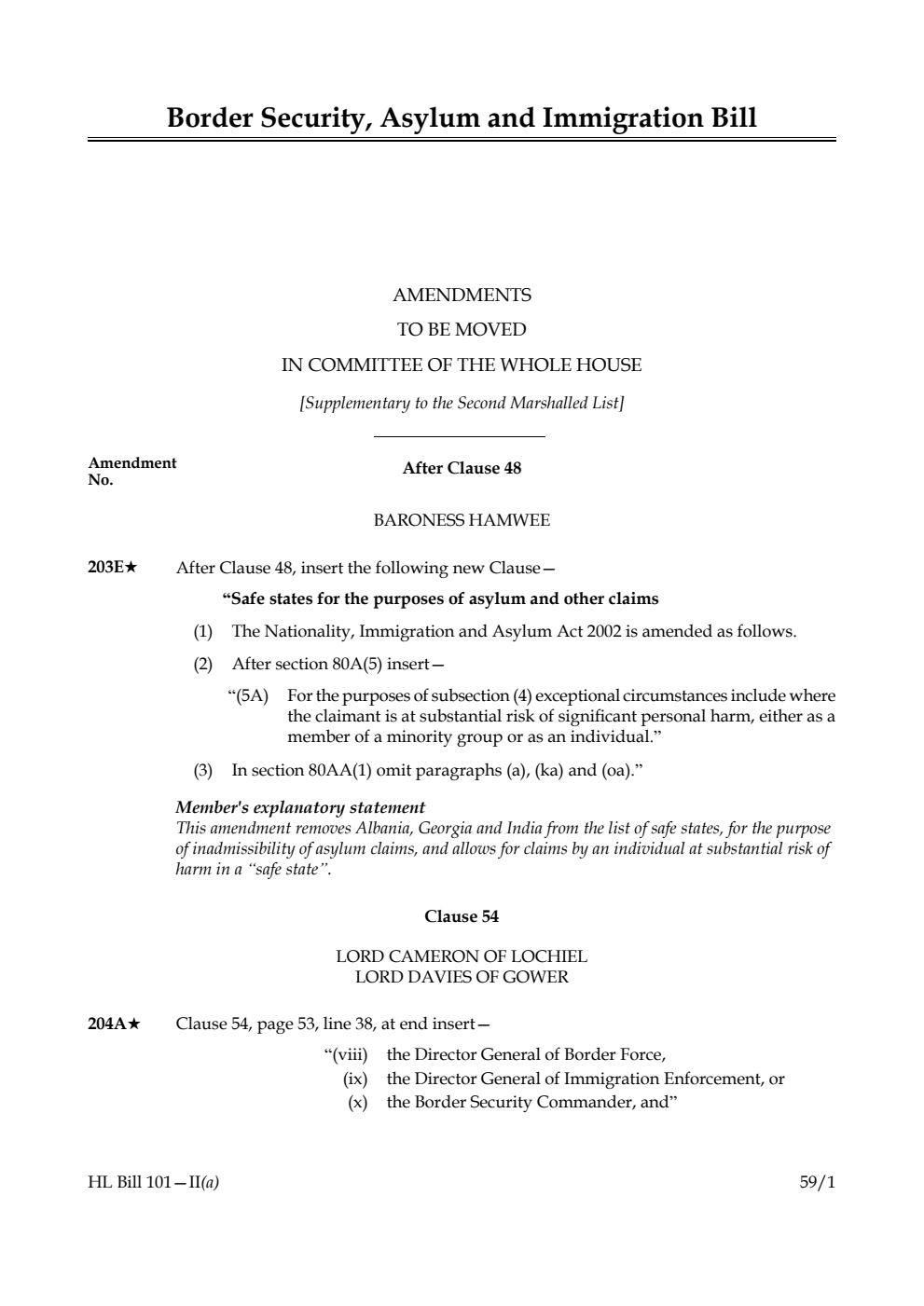 Border Security, Asylum and Immigration Bill Amendments to be moved in Committee of the Whole House [Supplementary to the Second Marshalled List] 