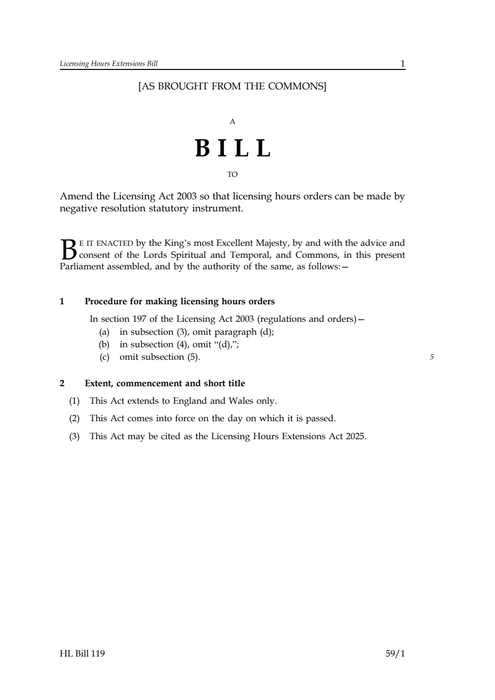 Licensing Hours Extensions Bill [as brought from the Commons]