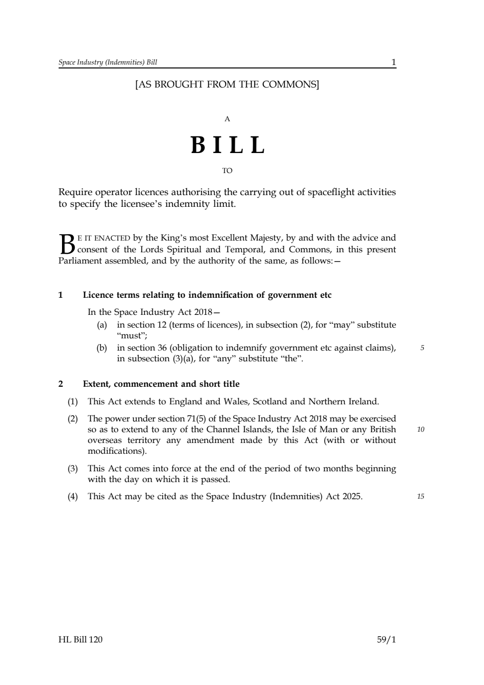 Space Industry (Indemnities) Bill [as brought from the Commons]