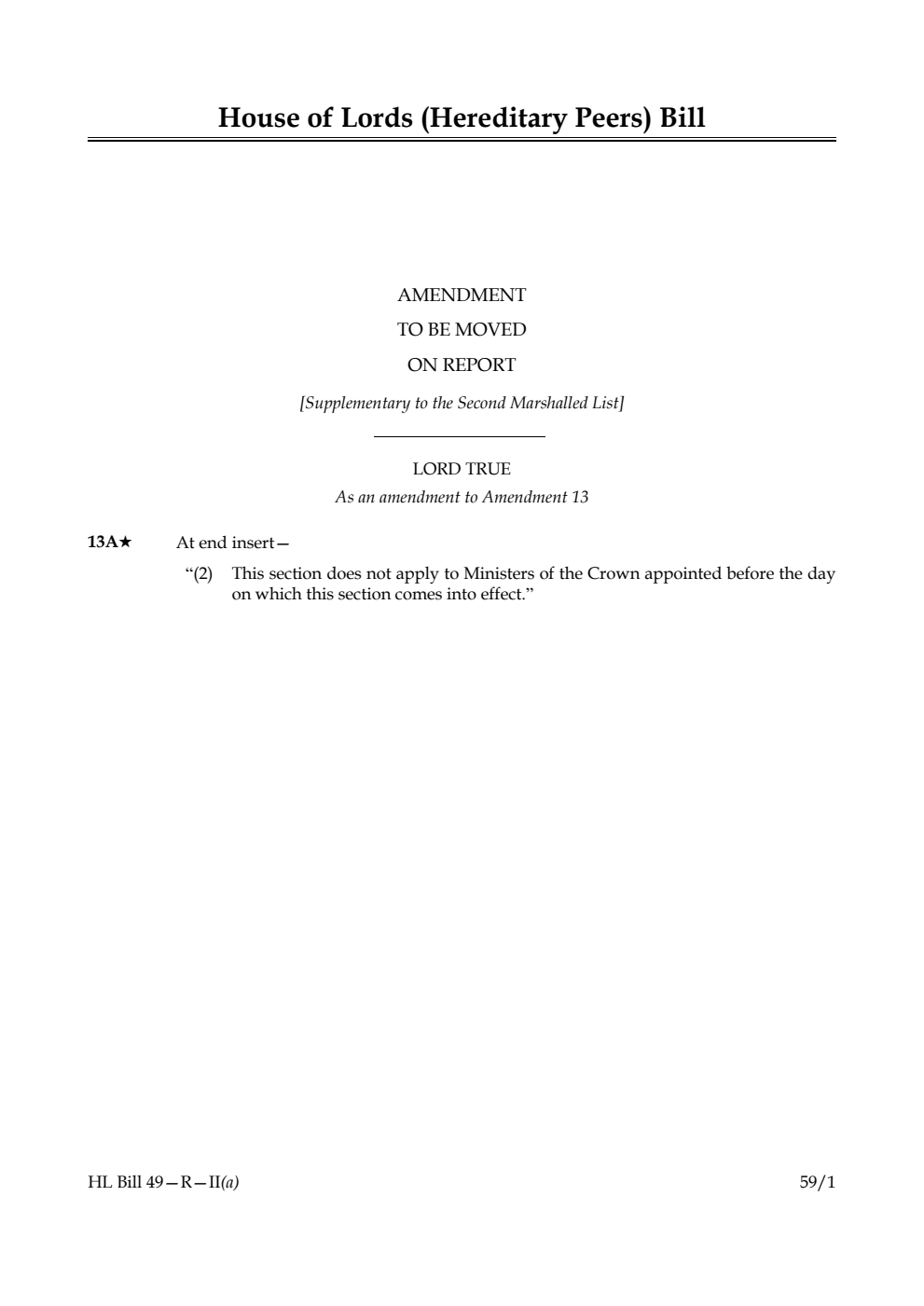 House of Lords (Hereditary Peers) Bill Amendment to be moved on report [Supplementary to the Second Marshalled List]