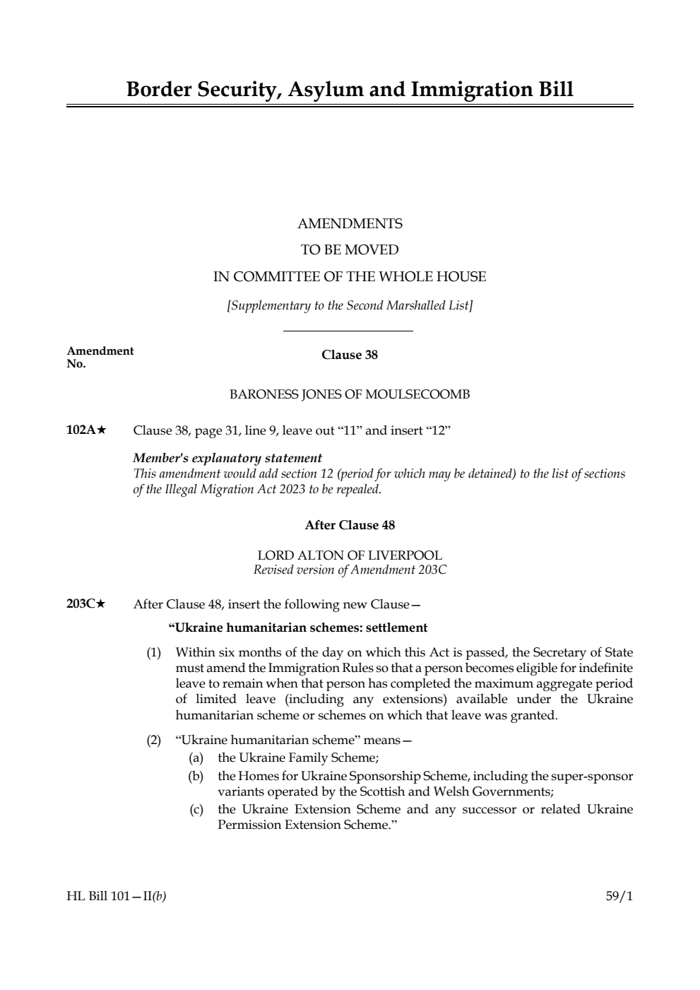 Border Security, Asylum and Immigration Bill Amendments to be moved in Committee of the Whole House [Supplementary to the Second Marshalled List] 
