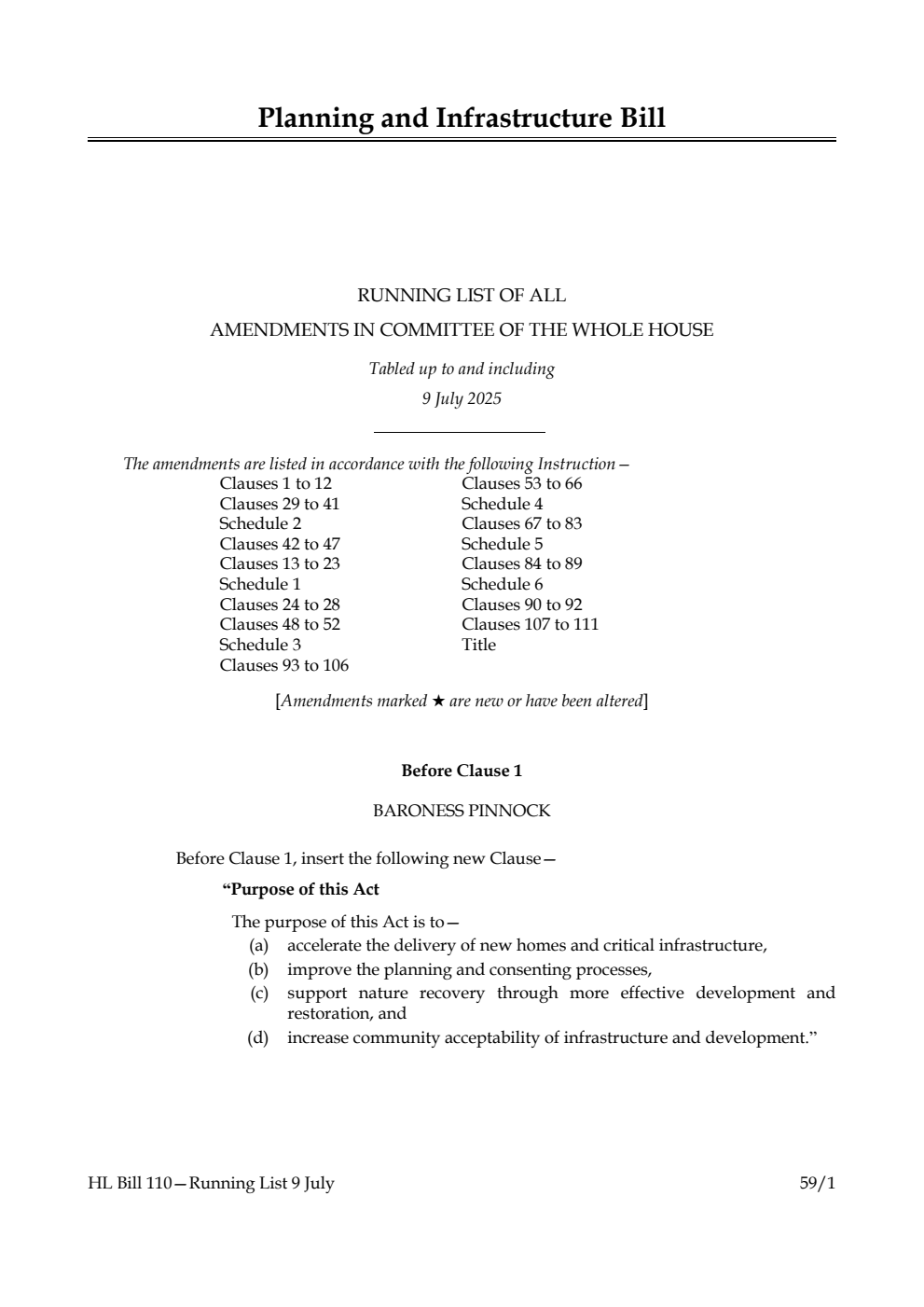 Planning and Infrastructure Bill Running List of all amendments in Committee of the Whole House tabled up to and including 9 July 2025
