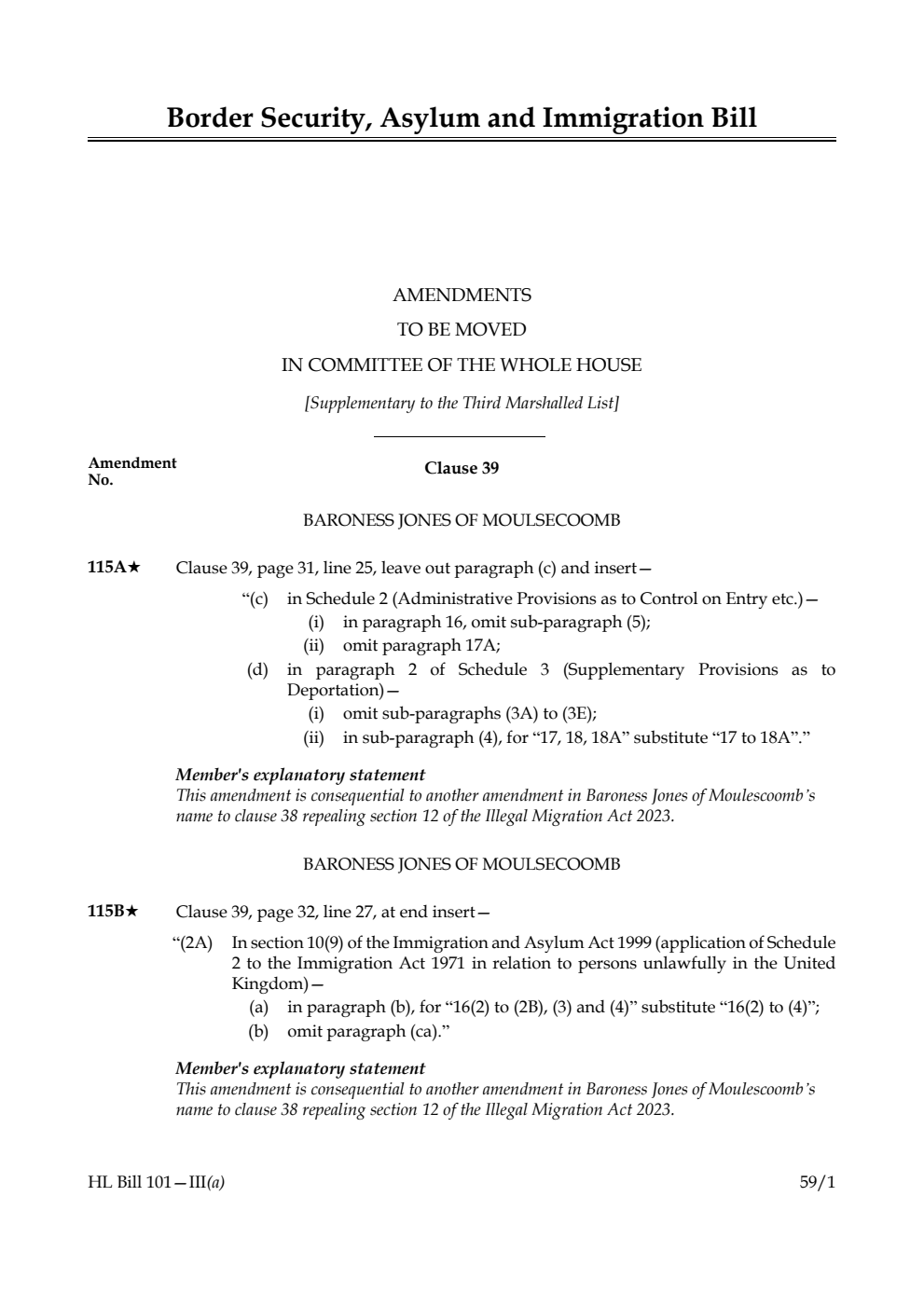 Border Security, Asylum and Immigration Bill Amendments to be moved in Committee of the Whole House [Supplementary to the Third Marshalled List]