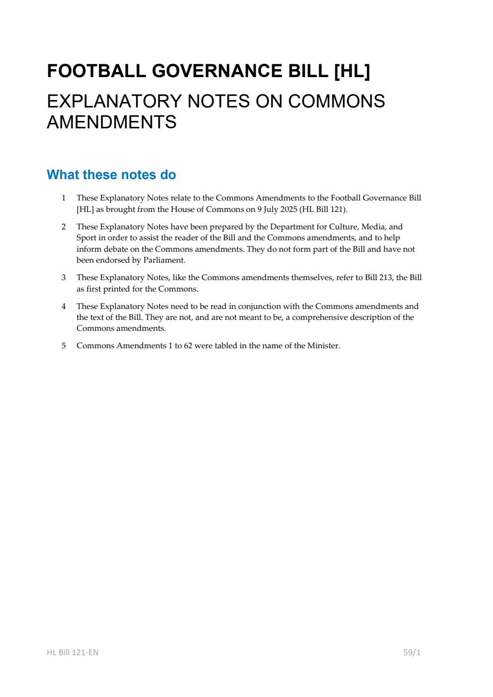 Football Governance Bill Explanatory Notes on Commons amendments