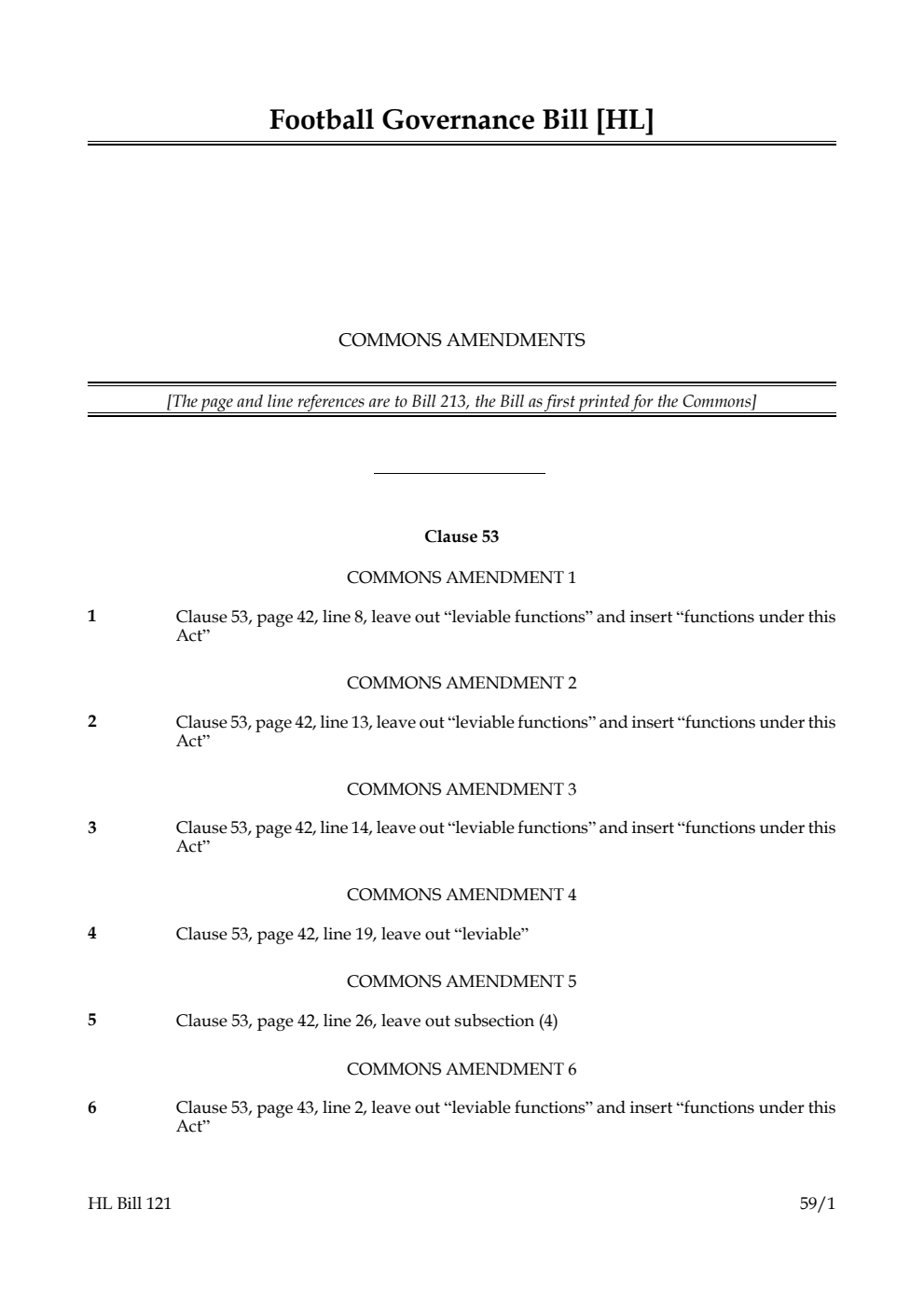 Football Governance Bill Commons amendments