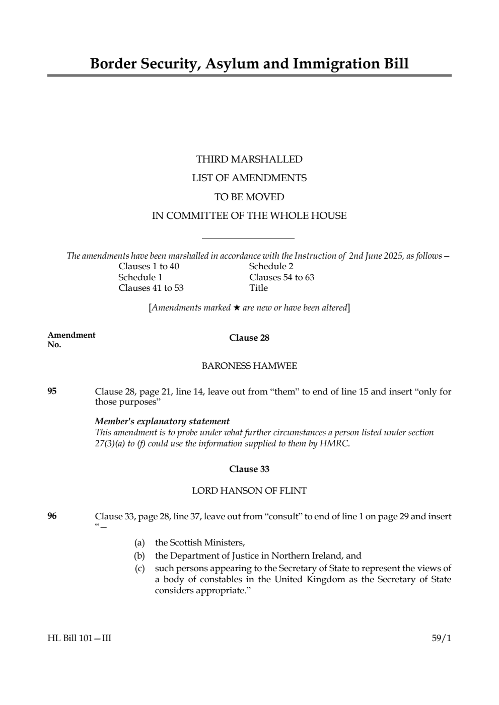 Border Security, Asylum and Immigration Bill Third Marshalled List of amendments to be moved in Committee of the Whole House
