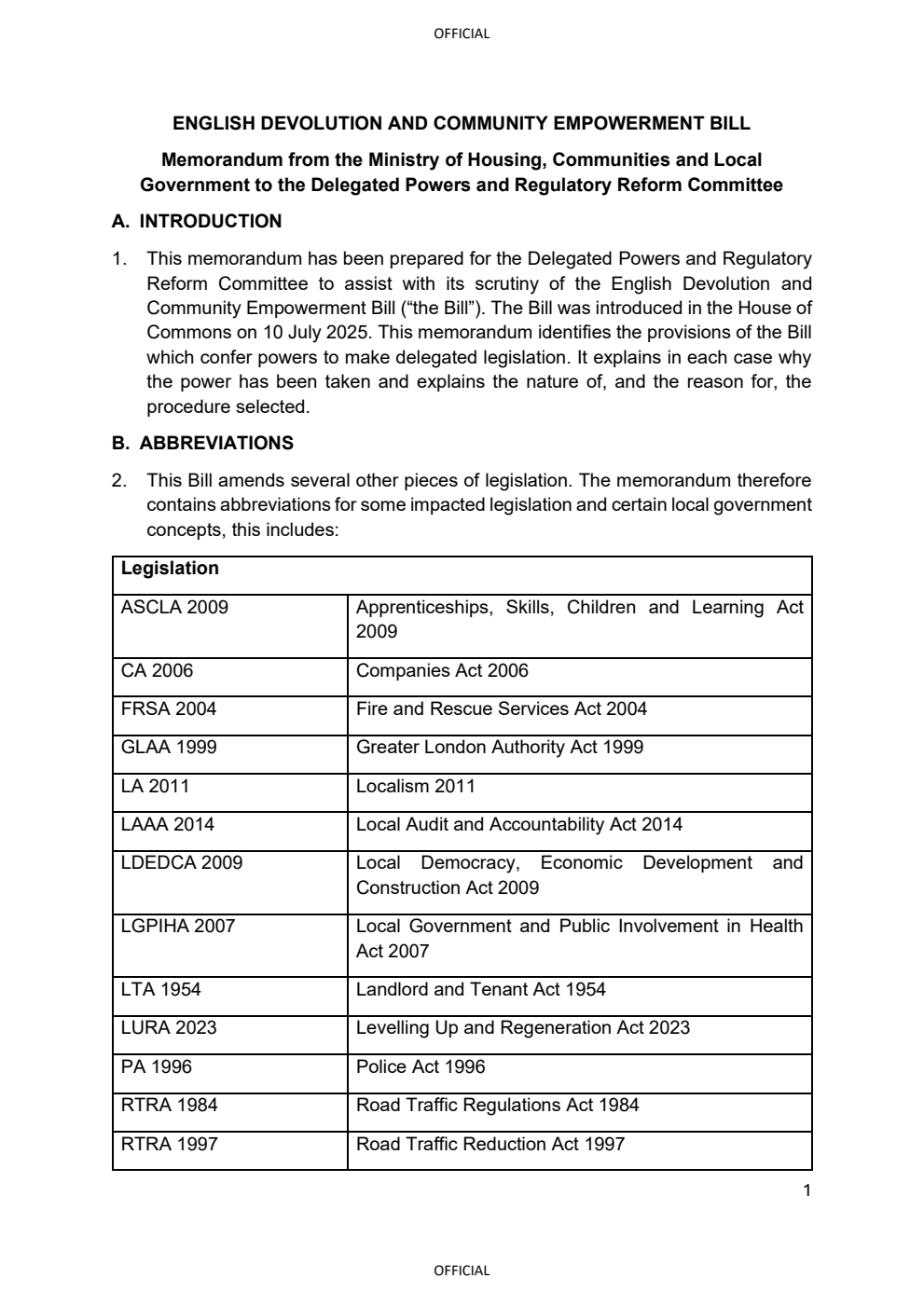 English Devolution and Community Empowerment Bill - Memorandum from the Ministry of Housing, Communities and Local Government to the Delegated Powers and Regulatory Reform Committee