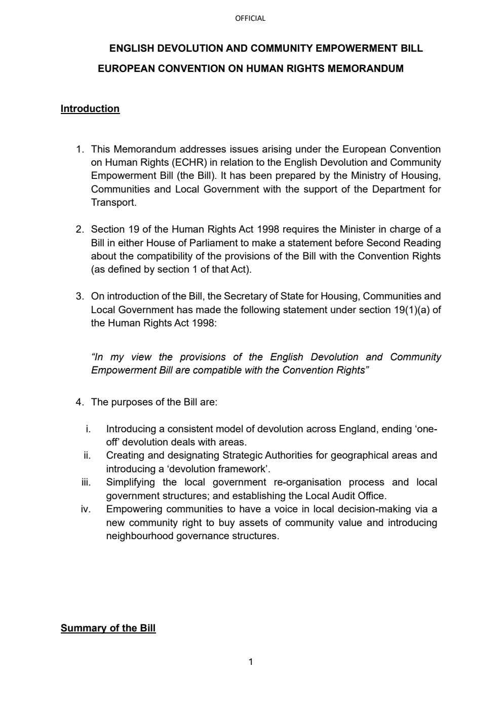 English Devolution and Community Empowerment Bill - European Convention on Human Rights Memorandum