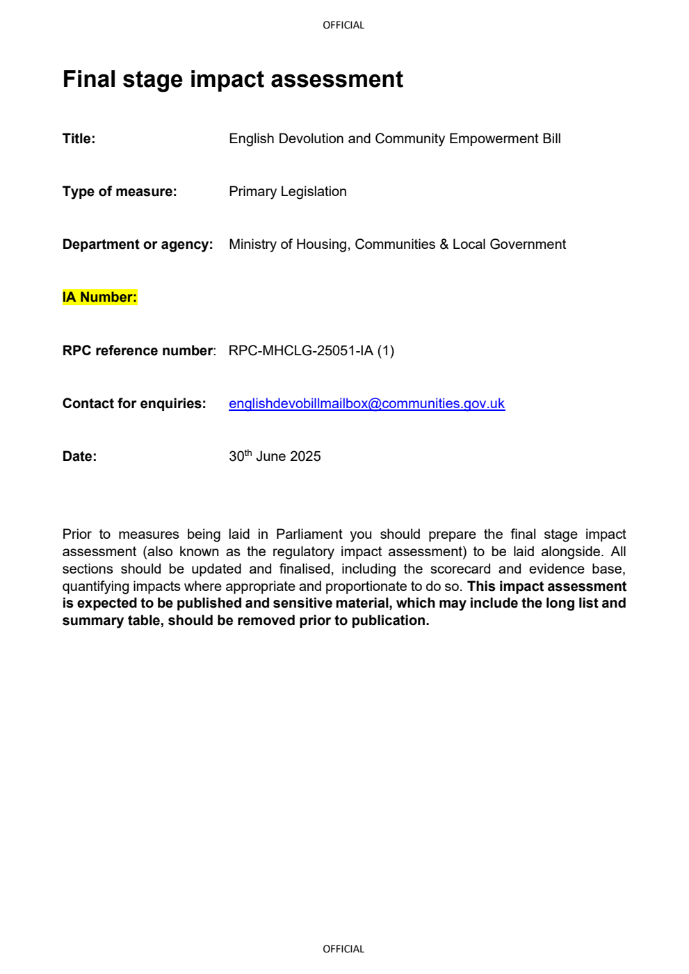 English Devolution and Community Empowerment Bill - Equality Impact Assessment from the Ministry of Housing, Communities & Local Government