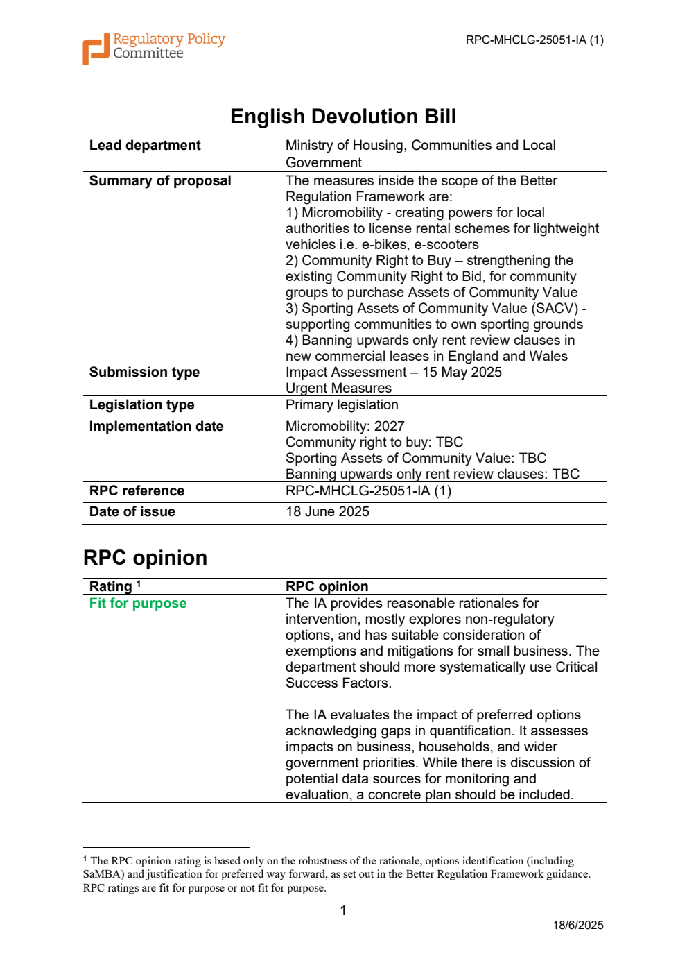 English Devolution and Community Empowerment Bill - Regulatory Policy Impact assessment from the Ministry of Housing, Communities and Local Government