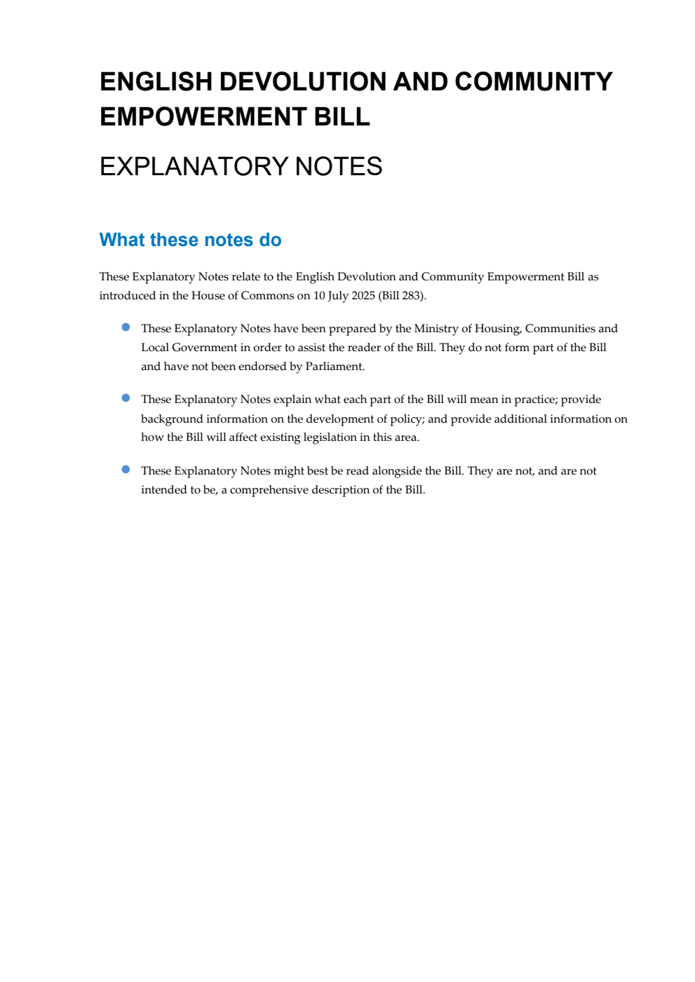 English Devolution and Community Empowerment Bill Explanatory Notes