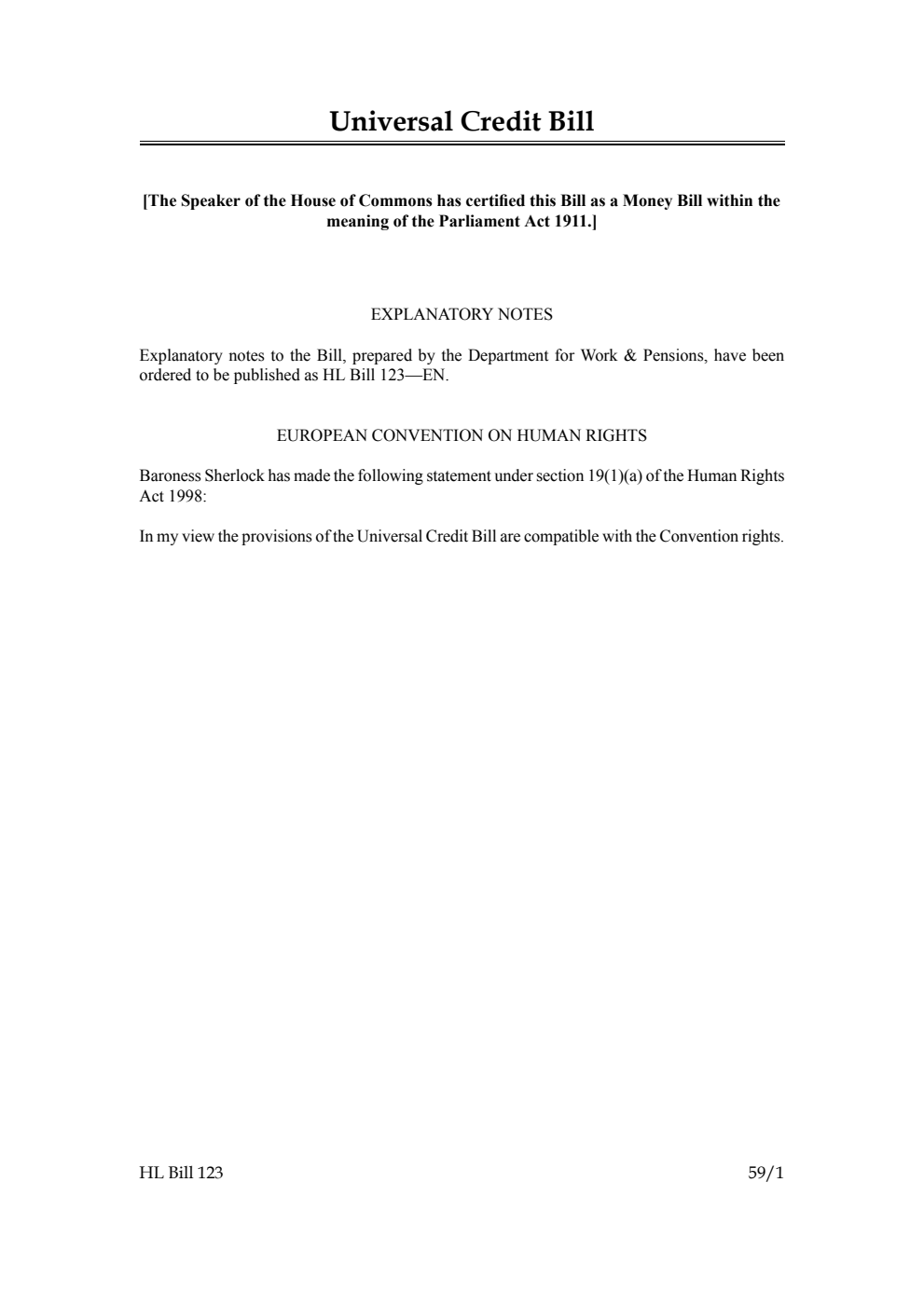 Universal Credit Bill [as brought from the Commons]