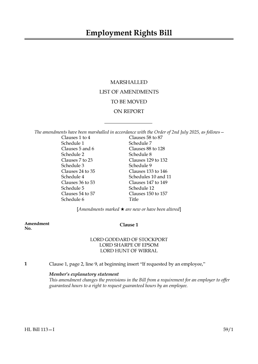 Employment Rights Bill Marshalled List of amendments to be moved on report