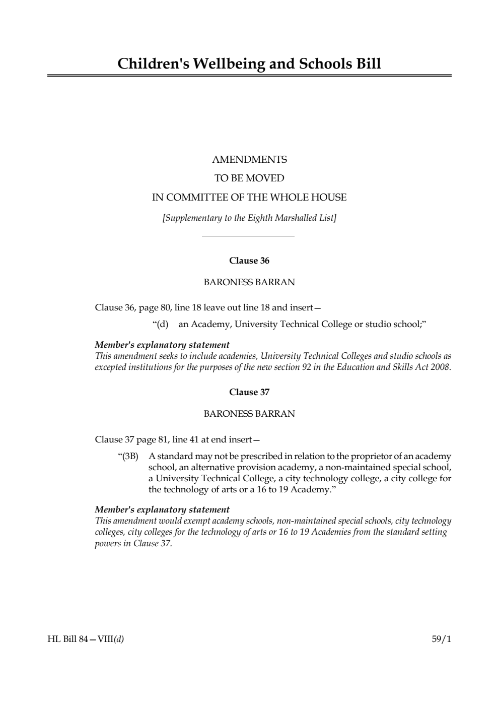 Children's Wellbeing and Schools Bill Amendments to be moved in Committee of the Whole House [Supplementary to the Eighth Marshalled List]