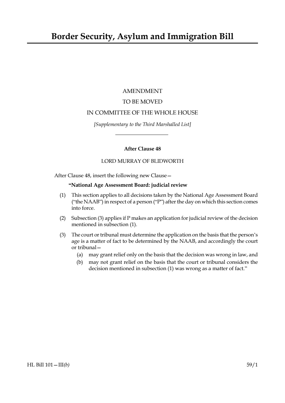 Border Security, Asylum and Immigration Bill Amendment to be moved in Committee of the Whole House [Supplementary to the Third Marshalled List] 