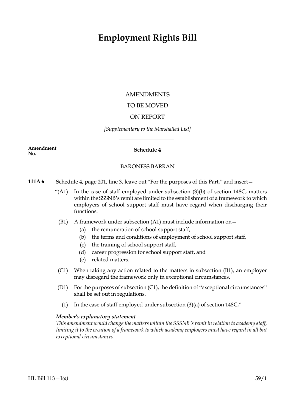 Employment Rights Bill Amendments to be moved on report [Supplementary to the Marshalled List] 