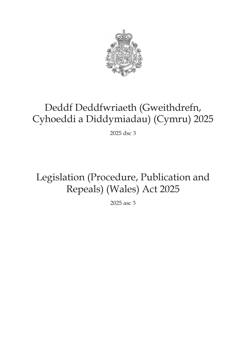 Legislation (Procedure, Publication and Repeals) (Wales) Act 2025: asc 3