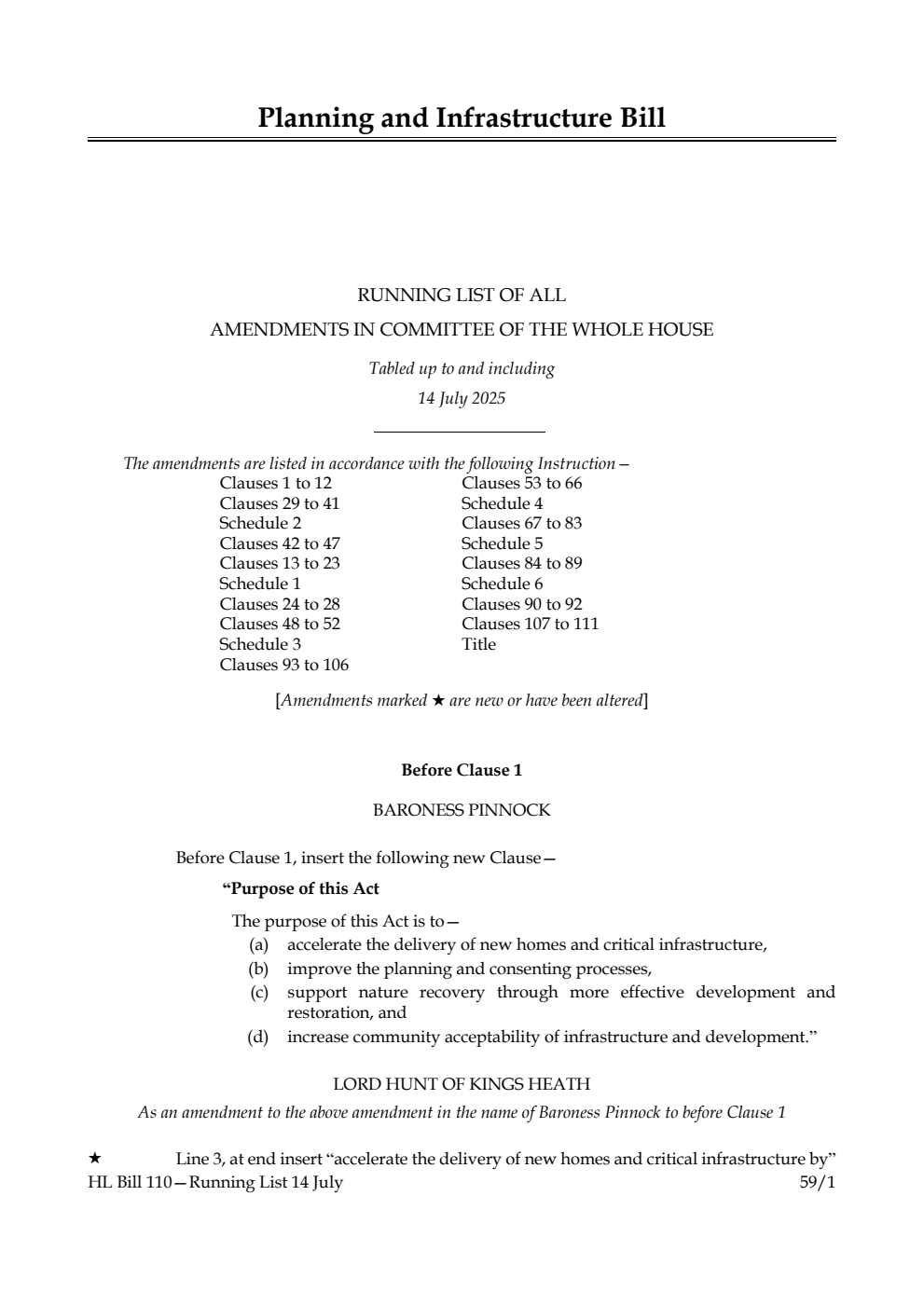 Planning and Infrastructure Bill Running List of all amendments in Committee of the Whole House tabled up to and including 14 July 2025