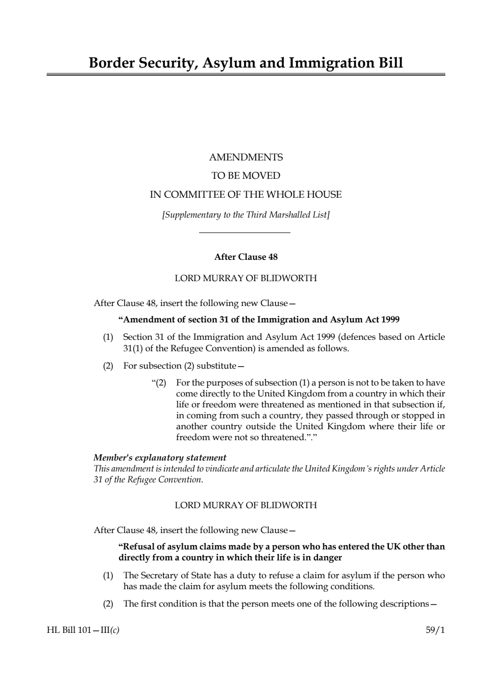 Border Security, Asylum and Immigration Bill Amendments to be moved in Committee of the Whole House [Supplementary to the Third Marshalled List]