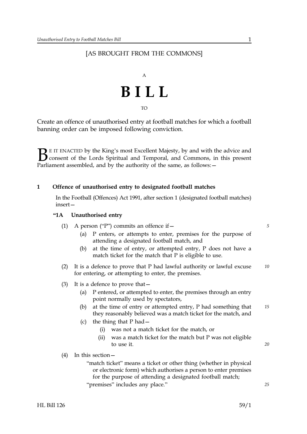 Unauthorised Entry to Football Matches Bill [as brought from the Commons]