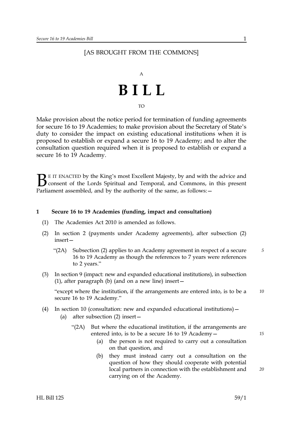 Secure 16 to 19 Academies Bill [as brought from the Commons]