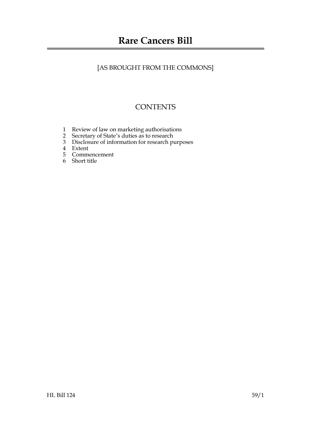 Rare Cancers Bill [as brought from the Commons]