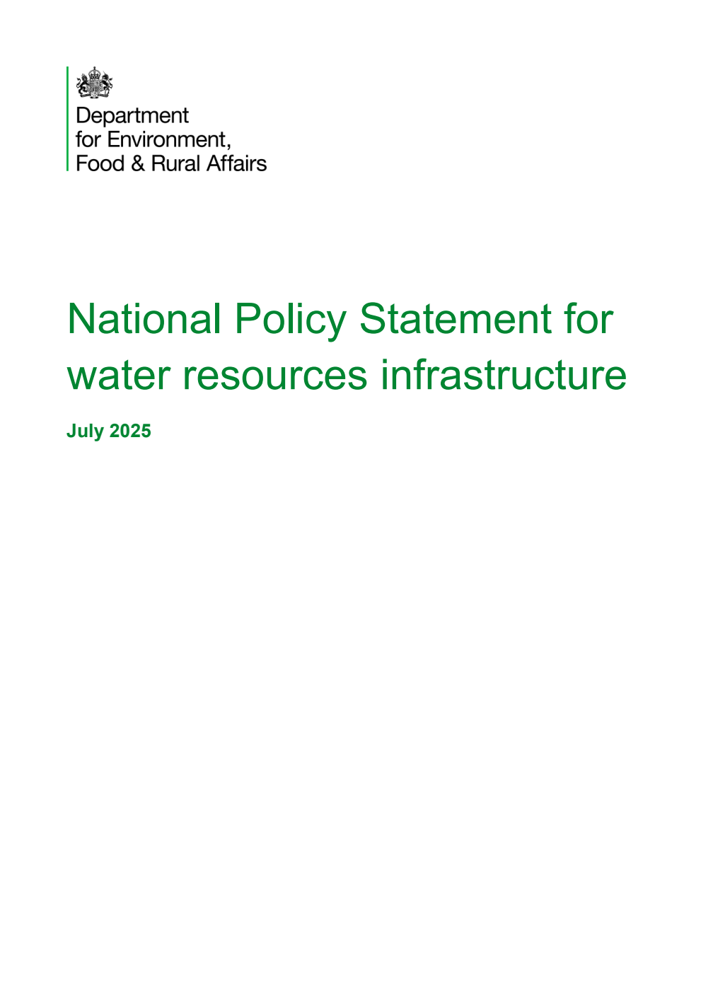 National Policy Statement for water resources infrastructure. July 2025. Corrected version of 9781528658911