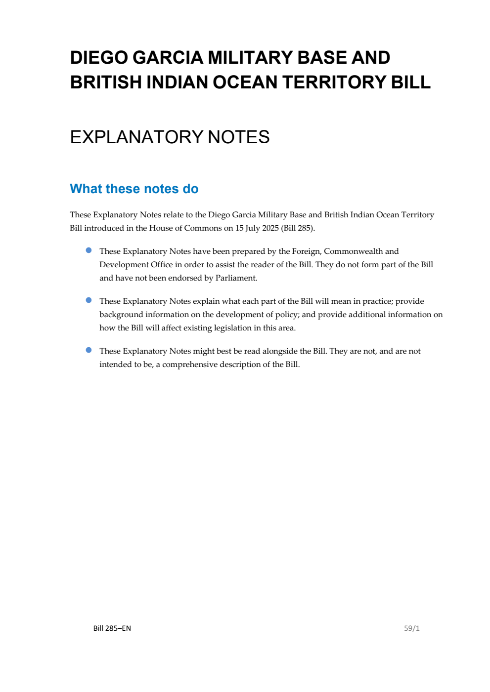 Diego Garcia Military Base and British Indian Ocean Territory Bill Explanatory Notes