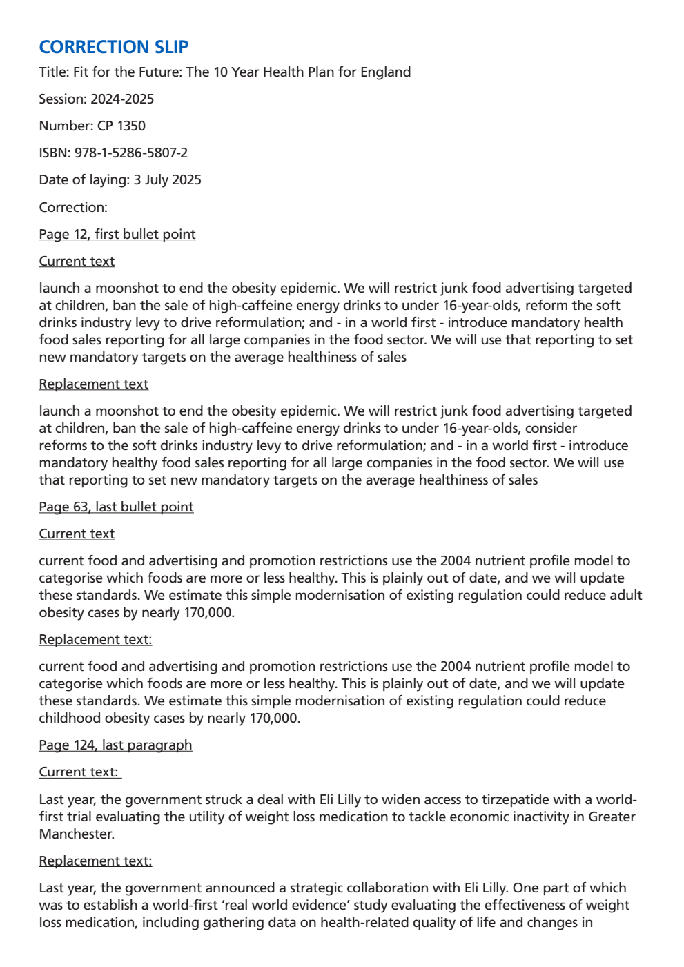 Fit for the future: 10 Year Health Plan for England. Correction Slip, July 2025