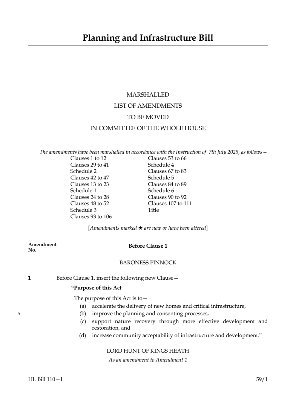Planning and Infrastructure Bill Marshalled List of amendments to be moved in Committee of the Whole House