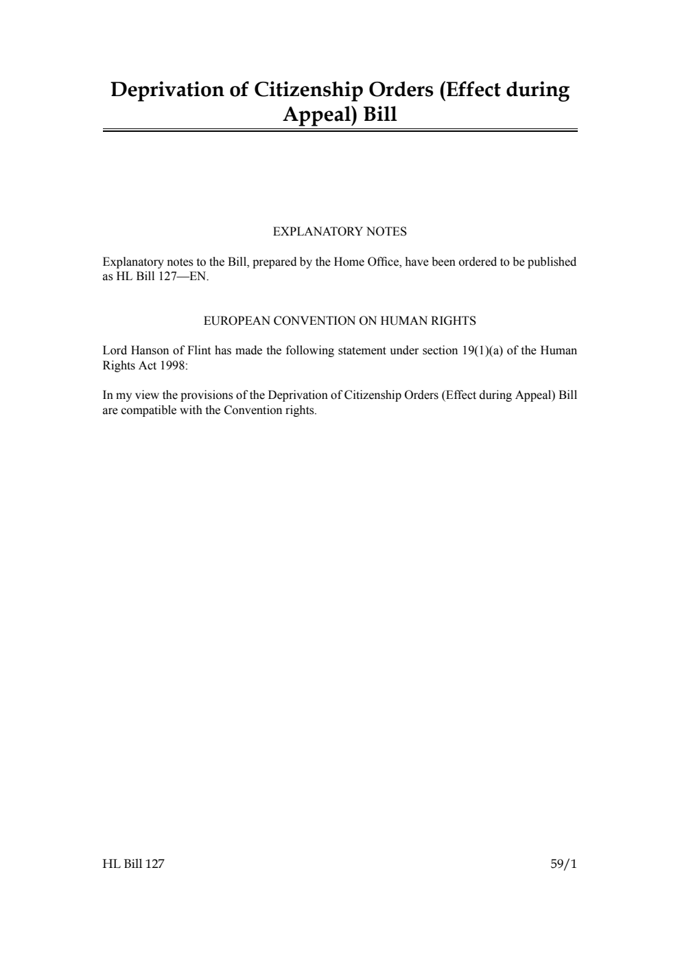 Deprivation of Citizenship Orders (Effect during Appeal) Bill [as brought from the Commons]