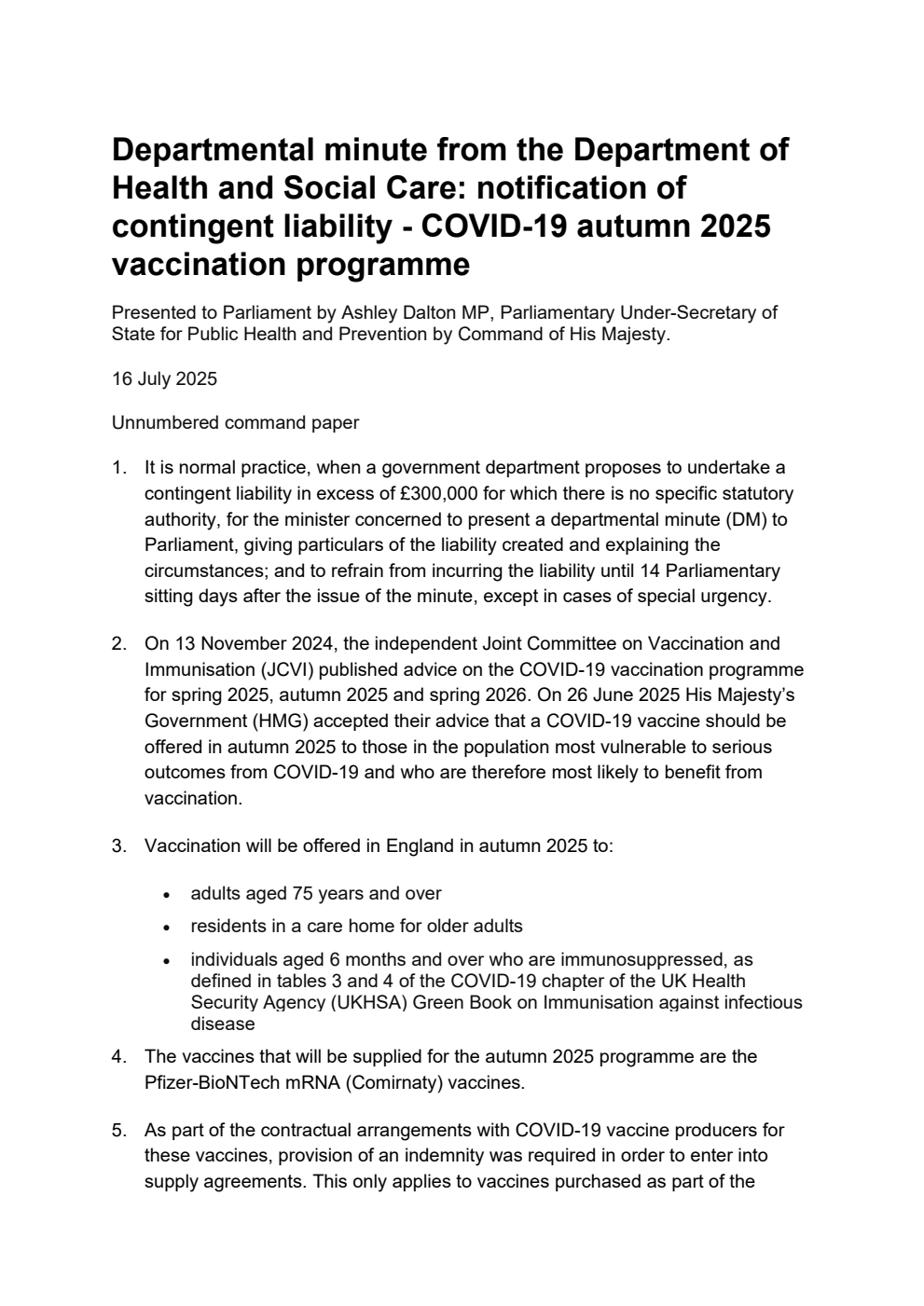 Departmental minute from the Department of Health and Social Care: notification of contingent liability - COVID-19 autumn 2025 vaccination programme