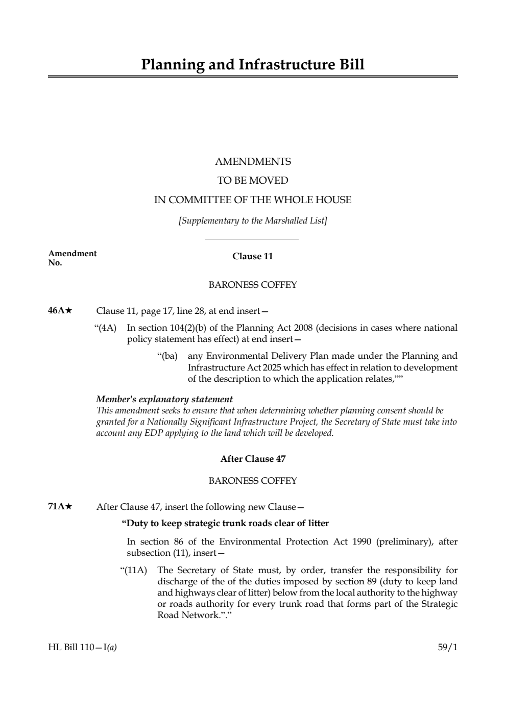 Planning and Infrastructure Bill Amendments to be moved in Committee of the Whole House [Supplementary to the Marshalled List] 
