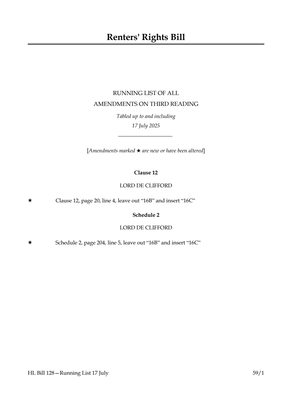 Renters' Rights Bill Running List of all amendments on third reading tabled up to and including 17 July 2025