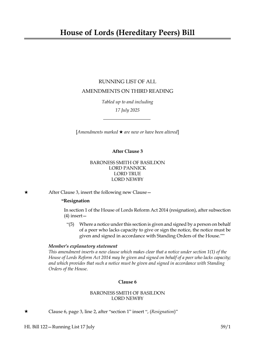 House of Lords (Hereditary Peers) Bill Running List of all amendments on third reading tabled up to and including 17 July 2025