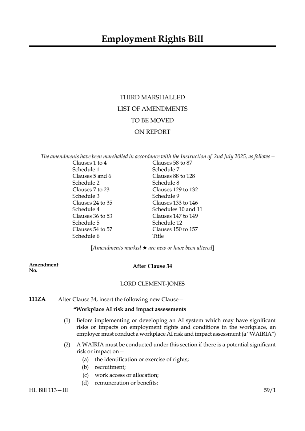 Employment Rights Bill Third Marshalled List of amendments to be moved on report